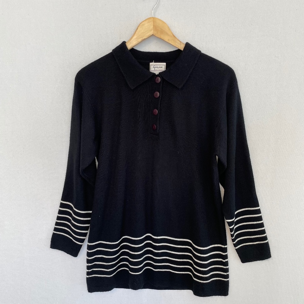 GARLAND Knitwear Women’s Medium Black & White Stripe Tunic Sweater Vintage